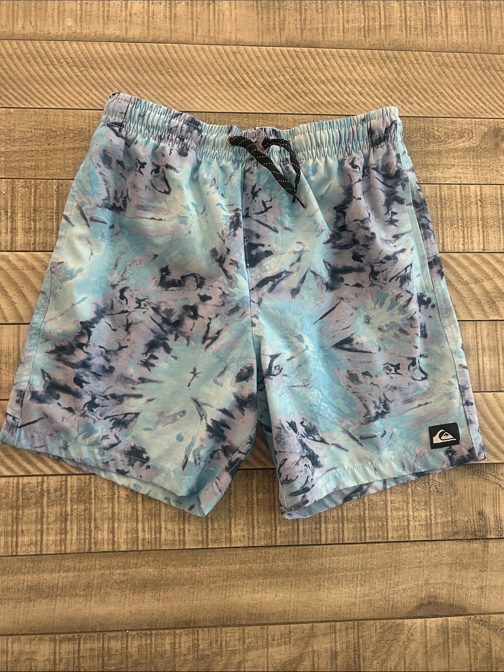 Quiksilver Light Blue and Black Tie-Dye Kids Swim Trunks